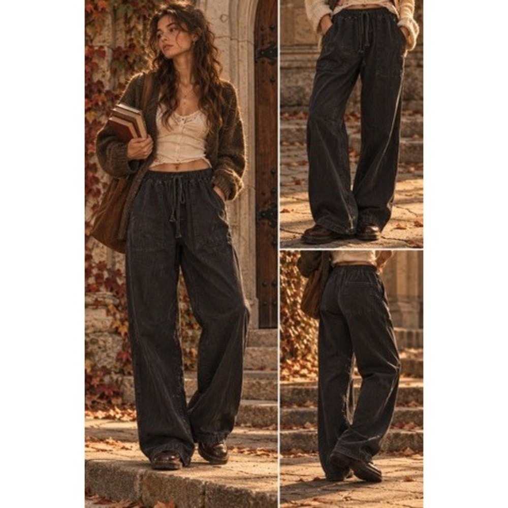 Zara Women Dark Gray Linen Blend Elastic Waist Drawstring Relaxed Pants L